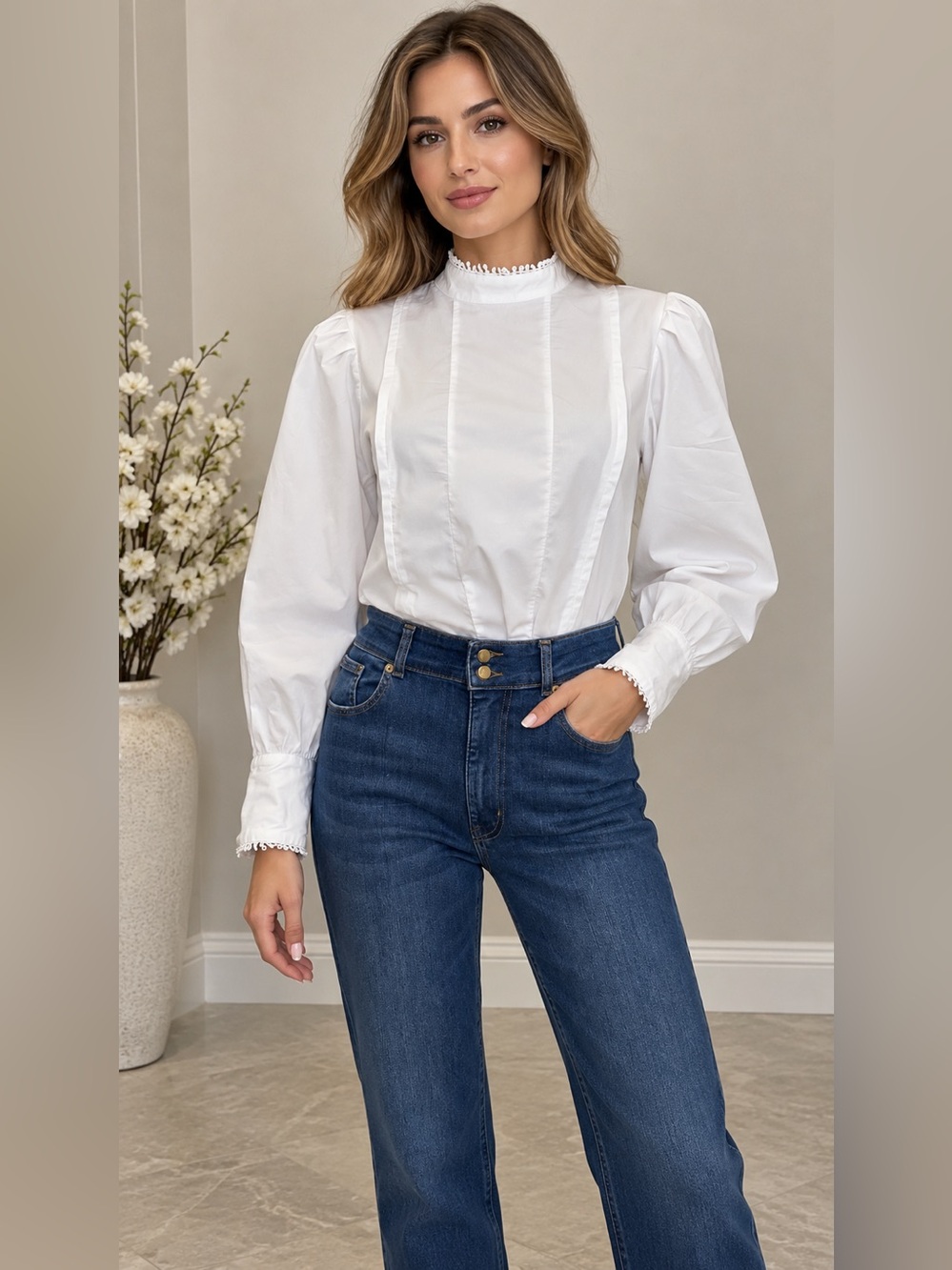 White Cotton Poplin High-Neck Blouse with Puff Sleeves size M